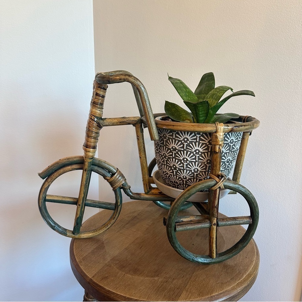 Vtg Bamboo Tricycle Bike Plant Stand Holder Wicker Rattan Boho NO PLANT OR POT